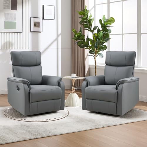 Image of HAOMARKETS Swivel Rocker Recliner Chair Set of 2, Manual Faux Leather Glider Rocking Recliners for Adults, 360 Swivel Nursery Reclining Sofa with Padded Backrest for Living Room, Grey