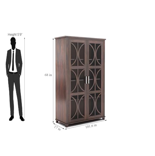 Image of SONA ART & CRAFTS Solid Sheesham Wood Crockery Cabinets with Glass Door | Wooden Showcase Almirah | Solid Wood Book Shelf for Home Crockery Unit for Kitchen Living Room (Walnut Finish)