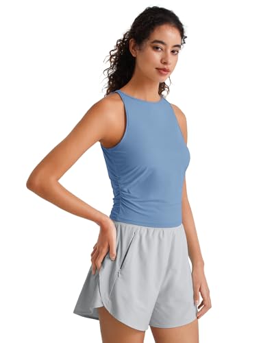 Image of G4Free Skimetic Workout Tank Tops for Women Side Ruched Sleeveless High Neck Crop Top Summer Athletic Gym Shirts