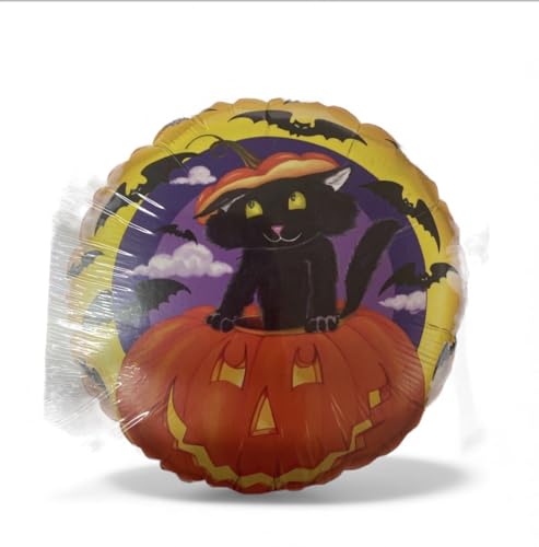 Palloncino Halloween in Mylar, Gatto Nero su Zucca, Giallo e Arancione, Rotondo, 45 cm, Decorazione per Feste a Tema