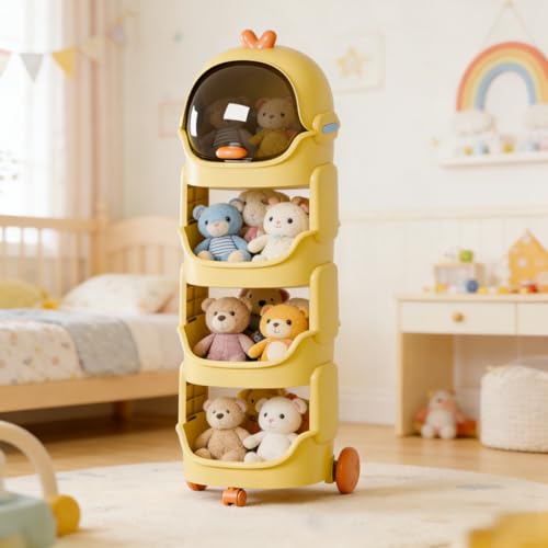 Toy Storage Organizer with Wheels & Top Lid, 4 Tier Kids Stuffed Animal Storage Shelf, Stackable Rolling Cart with Brakes for Baby Nursery, Playroom, Bedroom, Lightweight Toy Organizers
