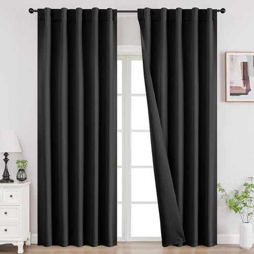 Joydeco Blackout Curtains 108 Inches Long, Thermal Insulated Black Out Curtains 2 Panels Set, Room Darkening Drapes for Living Room Window Rod Pocket Back Tab (W37 x L108 Inch, Black) Black