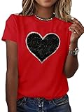 SweatyRocks Women's Heart Print Glitter Sequin T Shirts Casual Round Neck Short Sleeve Tee Tops Red and Black Small