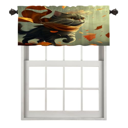 BaoNews Autumn Cats Cartoons Blackout Kitchen Curtain, Autumn Wind Maple Leaf Grey Background Window Treatment Rod Pocket Light Filtering Bathroom Short Valance 1 Pack 52X18 Inches