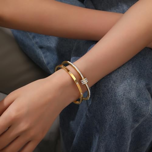 Women's Stainless Steel Bracelet Gold Plated Cuff Bangle With Cube Zircon Hinge Jewelry oval Bangle Witness the Gift of Love2