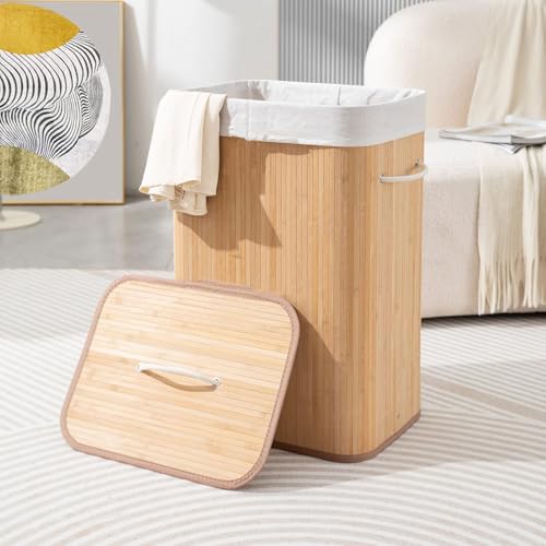 Image of LUXE HOME INTERNATIONAL Stripe Bamboo Laundry Basket with Lid | Eco-Friendly, Foldable & Lightweight Organizer (Natural, 40x30x60 cm, Pack of 1)