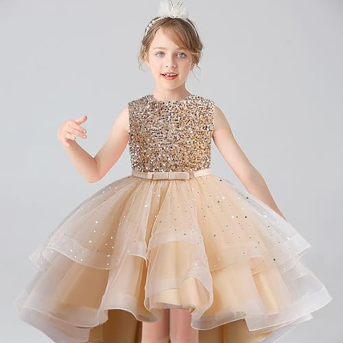 KAGAYD Girls Sequin Dress Kids Girls Wedding Pageant Long Tail Dresses Lace Party Grown with Bow-Knot2