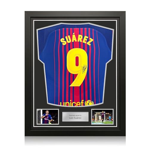 Exclusive Memorabilia Maillot du FC Barcelone signé par Luis Suarez : Impression d'un Fan. Encadré.