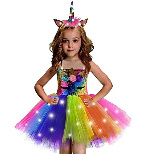 Gogoparti Christmas Unicorn Dress For Girls Led Light Up Dress For Birthday Party Sequin Rainbow Tutu Dress With Headband Size 3-8 #TOP1