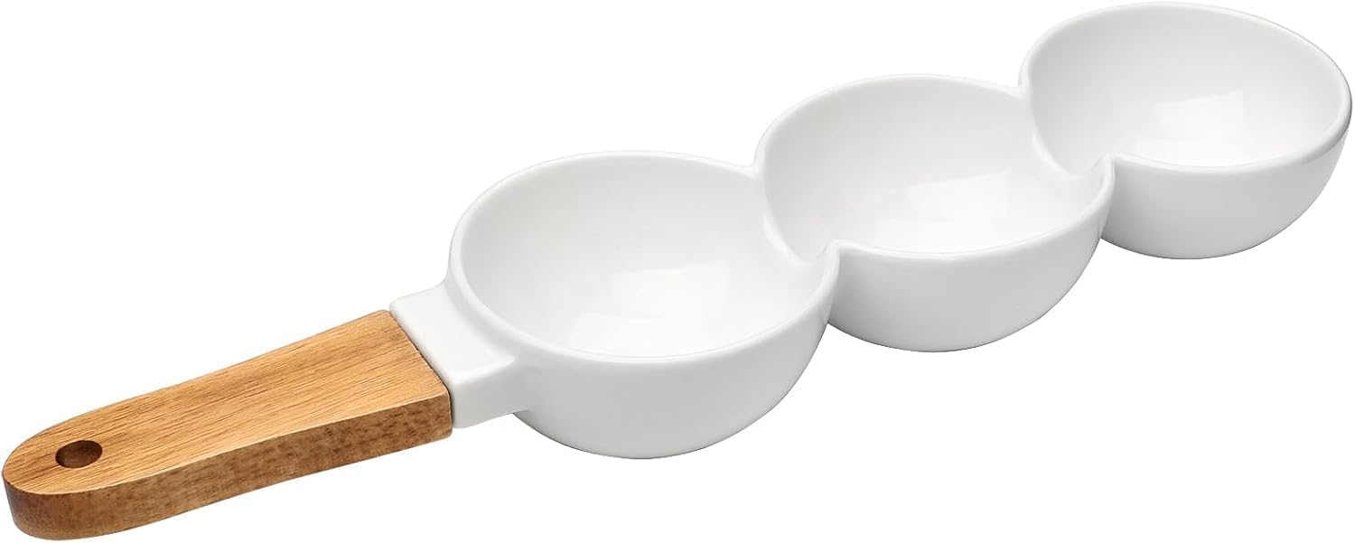 Ceramic Chip and Dip Serving Set with Wooden Handle