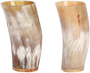 Buddha4all Set of 2 Ceremonial 6" Viking Drinking Horn Mug ale Beer Wine Gift Cup - Authentic Medieval Inspired Vessel with Food Safe Coating for Beer, Ale, Mead, Wine (Cross Line)
