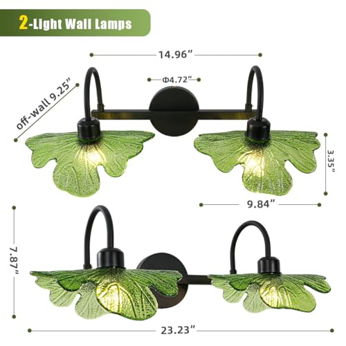 Image of 2-Light Vanity Light, Black Wall Sconce with Green Glass Shade, Vintage Bathroom Light Fixture for Over Mirror, Bedroom, Hallway, Living Room