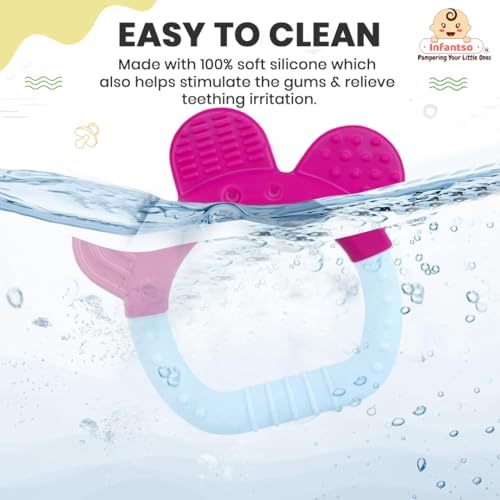 Image of Infantso Non-Toxic Food-Grade Silicone Baby Teether, BPA-Free for Pain-Relief Easy Teething, for 2+ Months Babies (Ring Blue & Strawberry Red)