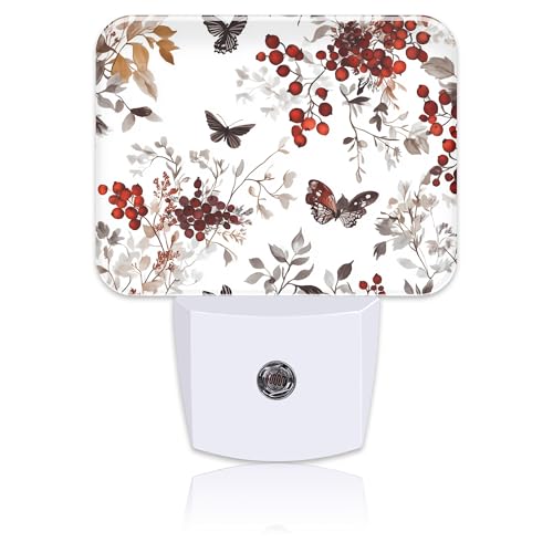Image of Vintage Wildflower Plants Night Light Plug into Wall, Butterfly Night Light with Dusk to Dawn Sensor for Kid Girls Boys Women Men Room, Hallway, Kitchen, Bathroom, Stairs Decor
