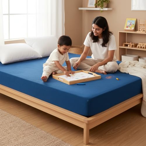 Image of Naksh Mattress Protector King Size Cotton (72x78x10 Inch Drop), Navy Blue | Fitted Elastic Waterproof Bed Protector | Soft Absorbent Terry Fabric | Heavy Quality | Leak & Spill Protection
