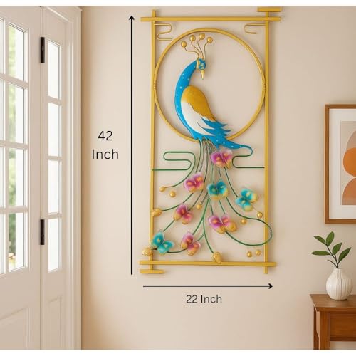 Image of Framing Hub Multicolor Metal Peacock Wall Art Decor Showpiece | Stylish Interior Wall Hanging Showpiece Perfect for Living Room Bedroom Kitchen Office (Size 22x42 Inch)