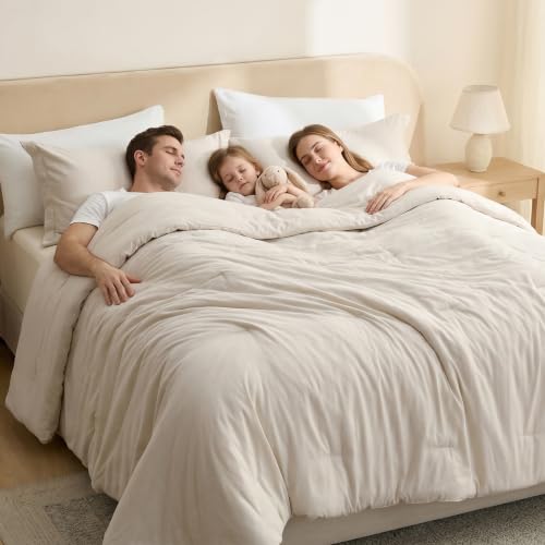 Image of Bedsure Oversized King Comforter Set - Beige Soft Bedding for All Seasons, Cationic Dyed Bed Set, 3 Pieces, 1 Oversized King Size Comforter (120 inchx98 inch) and 2 Pillow Shams (20 inchx36 inch+2 inch)