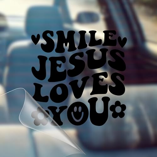 Image of Smile Jesus Loves You - Christian Jesus Cross Car Vinyl Decal Bumper Sticker for Car, Wall, Window, Vehicle, Weather Resistant, Viral (2, Black)