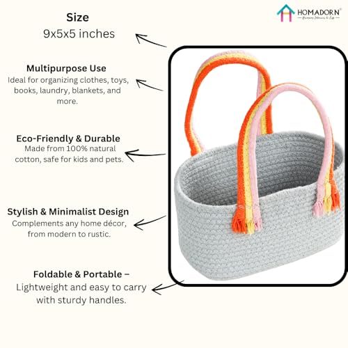 Image of HOMADORN Cotton Storage Basket with Sturdy Handles - Foldable, Durable, and Stylish Organizer for Toys, Clothes,Gifting and Home Essentials (GREY)