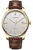 Lobinni Orologio da polso minimalista alla moda da uomo con cinturino in pelle, Oro-bianco-marrone