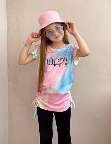 Image of Arshiner Girls T Shirts Ruffle Short Sleeve Ruched Knot Side Tunic Blouse Summer Tee Tops