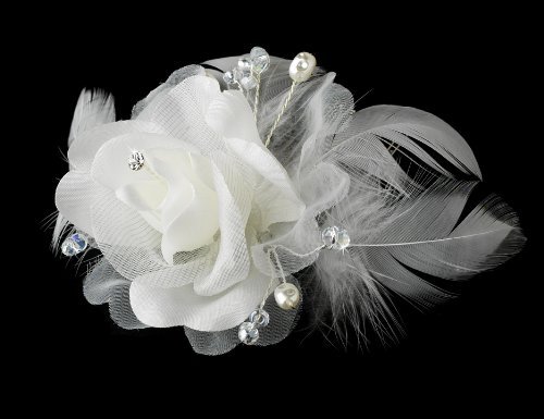 White Floral Feather Bridal Hair Accent