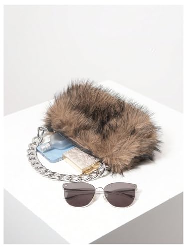 MakeMeChic Women's Fur Purse Small Square Bags Fuzzy Chain Strap Zipper Y2K Shoulder Handbags4