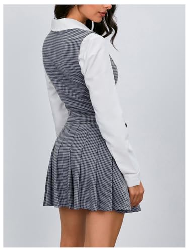 Milumia Women\'s 2 Piece Outfit Plaid Vest Blazer and Pleated Skirt Suit Sets Royal Blue Small