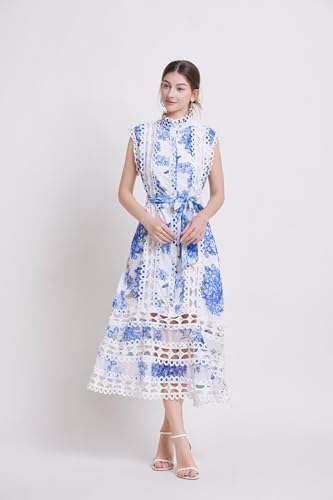 Image of LAI MENG FIVE CATS Women's Sleeveless Hollow Out Lace Button Up Casual Midi Party Dress with Belt