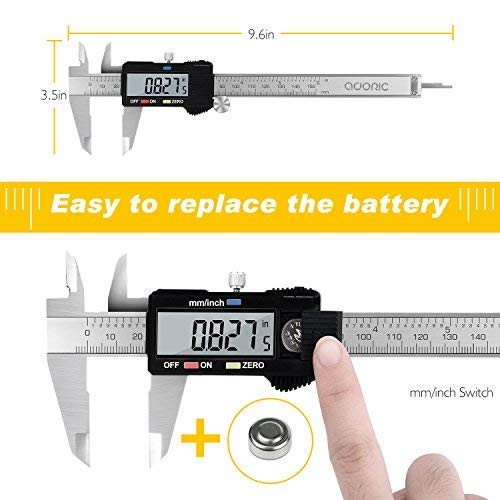 Digital Caliper, Adoric Electronic Digital Caliper Stainless Steel Body with Large LCD Screen | 0-6 Inches | Millimeter/Inch/Conversion - Thumbnail 2