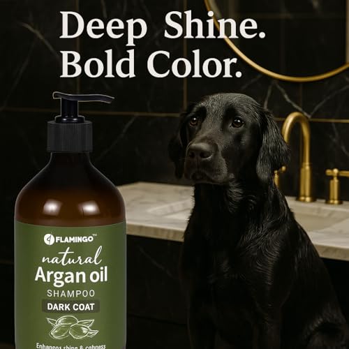 Flamingo hundeshampoo - mit Arganöl - für Hunde mit einen Dunkles Fell 500ml - Geeignet für alle Fell- und Hauttypen - Nährt und pflegt das Fell - Verstärkt die Farbe und Glanz des dunklen Fells