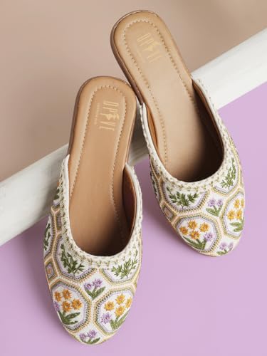 Image of OPIVE's Mehandi Women's Mojari Jutti Ethnic Punjabi Juttis Traditional Flat Embroidered Canvas Fancy Bellies Comfortable Sole for Womens & Girls