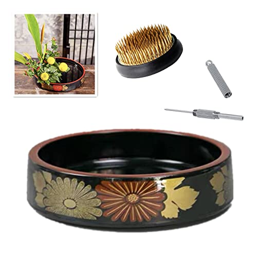 Japanese Flower Frog Ikebana Vase Kit Flower Container With 2.4" Floral Frog And 2 In 1 Kenzan Needle Straightening Tool-8.3" Plastic Ikebana Bowl #TOP12