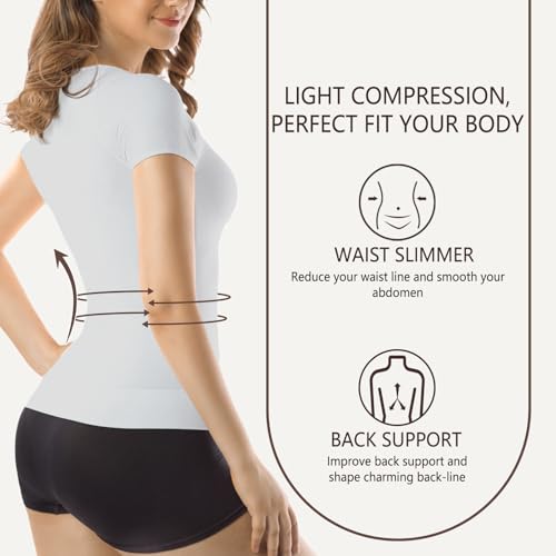 Image of +MD Women's Seamless Short Sleeve Undershirt, Light Compression Scoop Neck Tank Top, Tummy Control Basic Tee Camisole