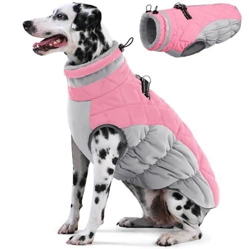 Image of AOFITEE Dog Coat, Warm Dog Jackets for Large Dogs, Reflective Turtleneck Dogs Winter Coat with Harness Built in, Waterproof Windproof Pet Snow Jacket Fleece Vest for Cold Weather, Pink XXL
