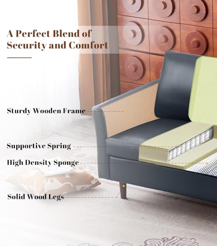 Image of Kingfun 2 Piece Faux Leather Sofa Set, Mid Century Modern Living Room Furniture Set with 3-Seater Sofa and Loveseat, Small Leather Couch with Solid Wood Frame for Bedroom and Office, Royal Blue