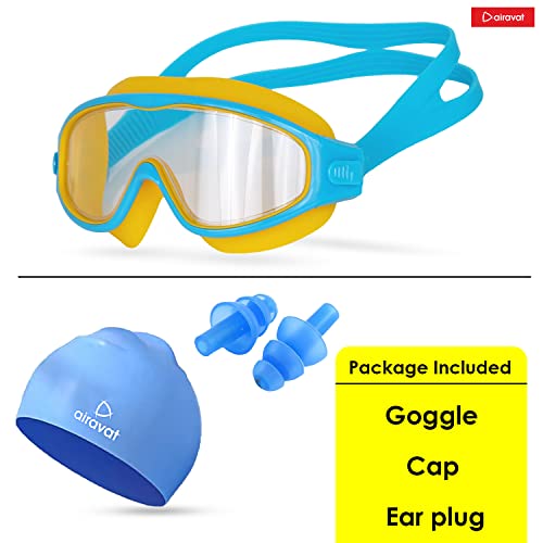 Image of AIRAVAT Macho swimming goggles for Kids Children Teens, polycarbonate goggles, Anti-Fog, Anti-UV, Wide View Swimming Goggles, Free size (Yellow Combo)