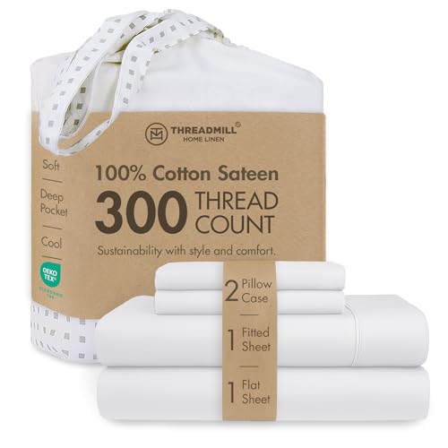 Threadmill Home Linen Queen Sheets - Juego de Ropa de Cama de 4 Piezas de 300 Hilos, Tejido de satén de algodón Puro de Fibra Larga, Color Blanco sólido con Bolsillo Profundo elástico