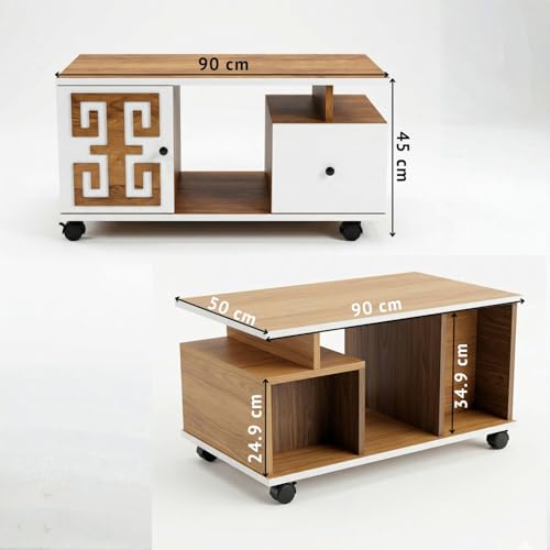 Image of FFO Coffee-Table with Storage | Center Table with Storage & Drawer | 50W X 90L X 45H Coffee Table with Open Shelf, Drawers & Cabinet | Center Table with Wheels |
