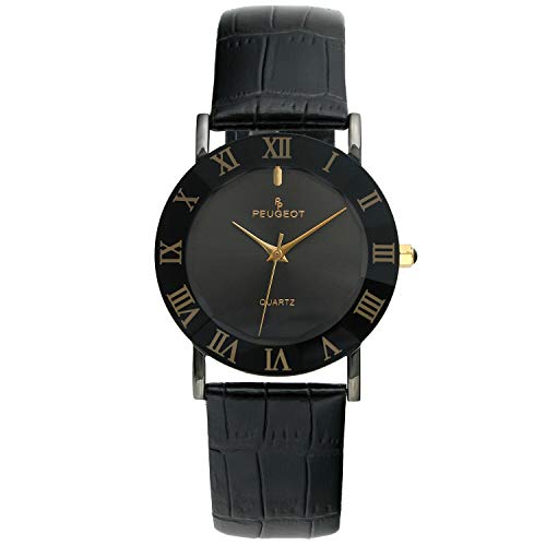 Peugeot Mens Classic Black Genuine Leather Strap Dress Watch with a Round Faceted
