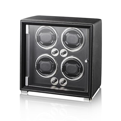 KOHUDIS Watch Winder for 2/4/6/9 Automatic Watches high-end Leather Making Super Quiet Mabuchi Motor Two Power Modes Built-in led Lights (Black 4 Slots)