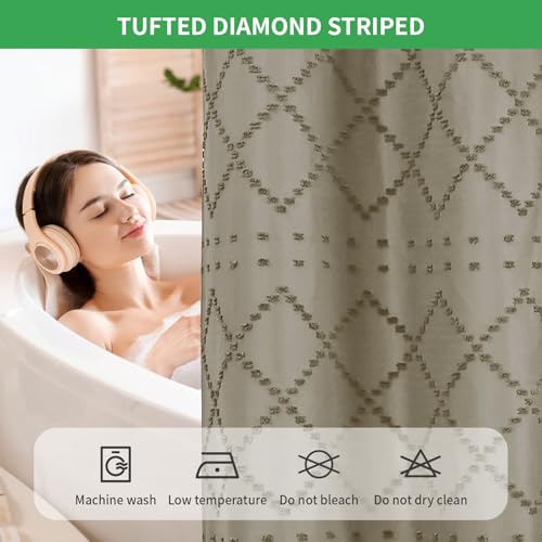 eachope Khaki No Hook Shower Curtain and Fabric Liner Set, Boho Tufted Chevron Striped and Shabby Chic Textured Shower Curtain with a See-Through Top Window, Hotel Décor, 71" W x 74" H by eachope - Image 3