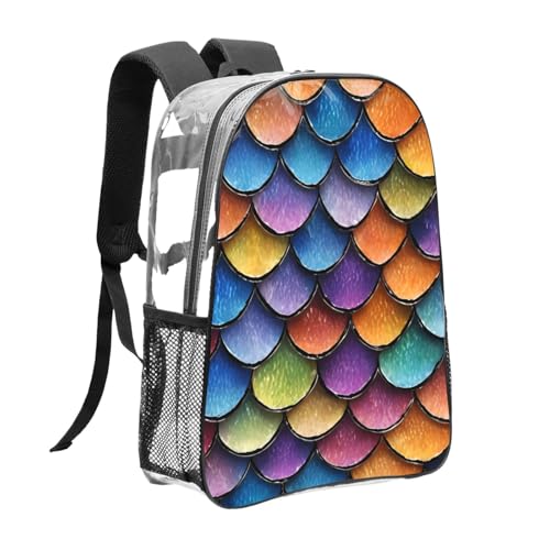 Mermaid Fish Scale Print Work Travel Stadium Events Transparent Backpack PVC Clear Bag Large Side Pockets3