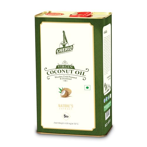 Image of Chekko Virgin Coconut Oil 5 Litre | Cold Pressed, Extra Virgin & Wood Pressed | 100% Pure Edible Coconut Oil for Cooking, Hair & Skin | Natural Unrefined Bulk Pack | Premium Food-Grade Metal Tin Pack