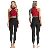 Loyan Women's Shiny Rhinestone Gymnastics Leotard Glittery Catsuit Full Length Figure Skating Jumpsuit Burgundy Small