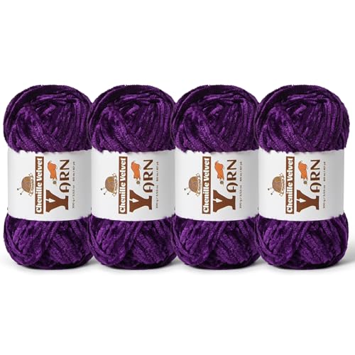 Image of 4 Pack Plush Chenille Chunky Yarn - Fluffy Velvet Yarn Crochet for Blanket Knitting and Crocheting - Soft Baby Yarns for Crocheting - Amigurumi Crochet Yarns 100g (87yds) (4 Violets)