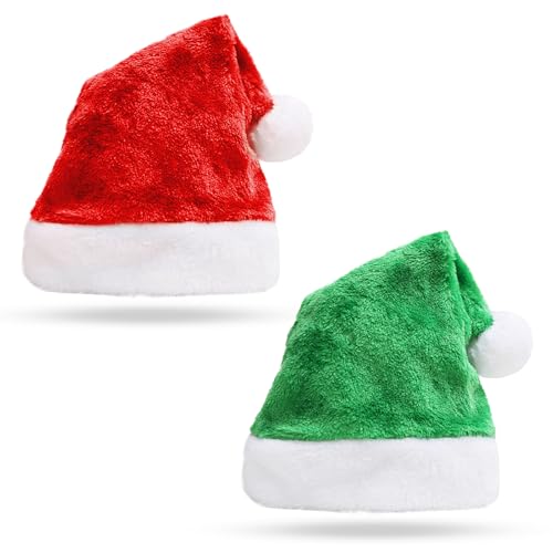 FUIPVGI 2 Stück Weihnachtsmützen,40 x 30 cm Rot Grüne Weihnachtsmütze für Erwachsene,Luxuriöse Weihnachtsmannmützen aus Plüsch Weihnachtsmütze, für Dekorationen Neujahrsparty Zubehör(2 Stück)