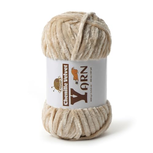 Image of Plush Chenille Chunky Yarn - Fluffy Velvet Yarn Crochet for Blanket Knitting and Crocheting - Soft Baby Yarn for Crocheting - Amigurumi Crochet Yarns 100g (87yds) (Beige)