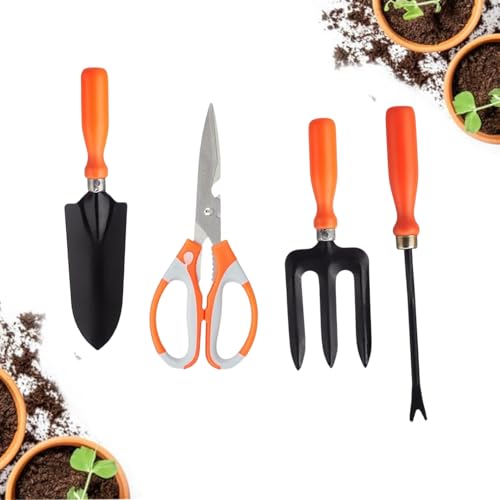 Image of Go Hooked 4 Pcs Gardening Tools Kit Fork, Transplanter, Weeder, Graden Scissor Rust Resistant Heavy Duty with Soft Grip Handles Garden Tools Set for Indoor Outdoor Plants, Balcony, Home Garden Use