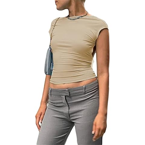 memoriesofu Women's Short Sleeve Exposed Navel Tops Short Sleeve T-Shirt Backless Midriff Women Crop Top (Khaki, Small) Cover
